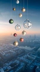 Floating Winter Ornaments Hovering Above City at Dawn Illustration Creating a Magical, Festive, and Dreamlike Atmosphere