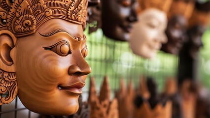 Intricately carved wooden face mask in profile, with blurred background featuring others