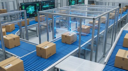 Fototapeta premium Top View of Automated Sorting Conveyor Line with Digital Scanning Technology