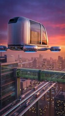 Futuristic Autonomous Delivery Vehicle with Parcel Hovering Over Modern Metropolis