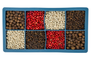 Colorful pepper peppercorns in blue box isolated on white background