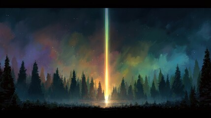 Dramatic forest scene with vibrant light beam illuminating trees illustration