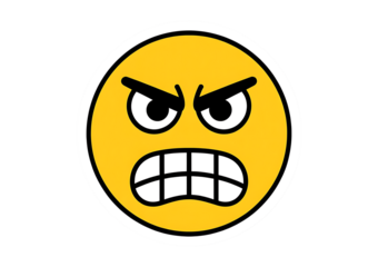 an angry yellow emoticon face with furrowed eyebrows on transparent background