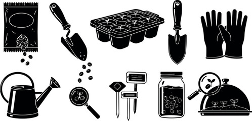 Black silhouette gardening tools with seed planting and seedling tray close up vector icons set © PixelPaletteArt