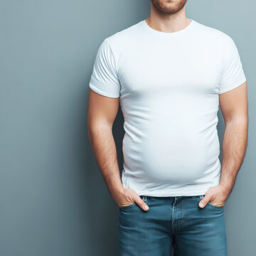 Man wearing plain white t-shirt and jeans standing against gray background &mdash; concept of casual style, basic clothing, minimal fashion, everyday wear, and modern lifestyle.
