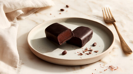 Date cacao fruit bar coated in dark chocolate on ceramic plate, one piece cut open to show fudgy filling; cocoa nibs, chocolate shavings and gold fork on marble