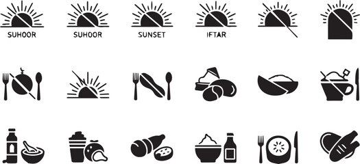 Islamic Ramadan Fasting Schedule Icons Featuring Suhoor, Iftar, and Sunset Meal Symbols