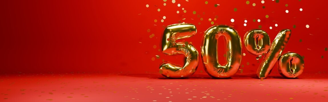 50 percent off foil balloon gold   3D render on red background with golden confetti. Christmas sale banner with copy space.