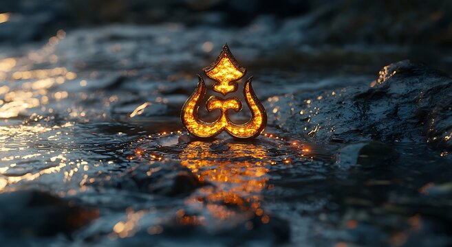 Holy trishul shining above river meditation scene high resolution picture