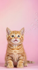 Obraz premium Ginger kitten with striped fur sits against pink backdrop, bubbles floating nearby, suggesting playfulness and innocent curiosity in domestic animal