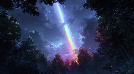 Dramatic rainbow illuminates forest scene with dark trees and starry sky