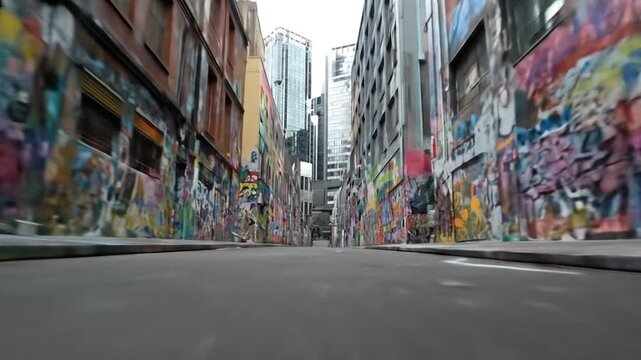 Vibrant street art and graffiti walls in a narrow urban alleyway leading to modern city skyscrapers and downtown buildings.