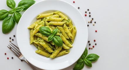 Penne Pasta with Pesto: The delectable dish features penne pasta coated in a vibrant, homemade pesto, garnished with fresh basil leaves. The visual appeal is enhanced by a simple.