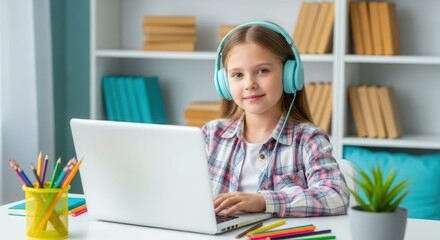 Online Learning: A young student immersed in online learning, wearing headphones and focused on her laptop.