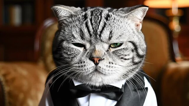 Stylish Feline: A dapper cat, dressed in a formal tuxedo, sits regally. Captured in striking detail and dressed to impress.