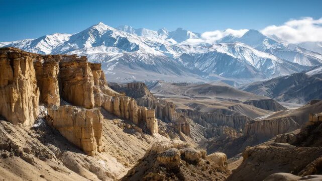 Dramatic landscape of eroded rock formations and arid valleys with majestic snowcapped mountains in the background under a clear blue sky