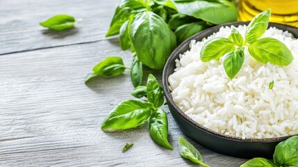 Fresh Basil Infused Rice Dish: Capturing a culinary scene with a focus on fresh ingredients. A bowl of fluffy white rice artfully decorated with vibrant green basil.