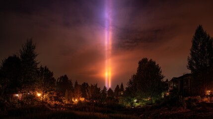 Dramatic night sky with a vibrant light beam illuminating a forest scene