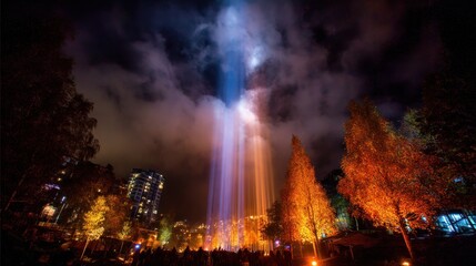 Nighttime fountain display with colorful water streams and illuminated trees