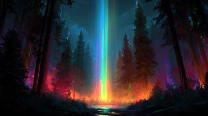Mystical forest scene with radiant beam of colorful light from above