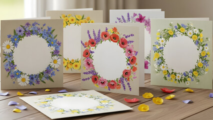Watercolor floral frame cards and stationery mockup on a wooden surface