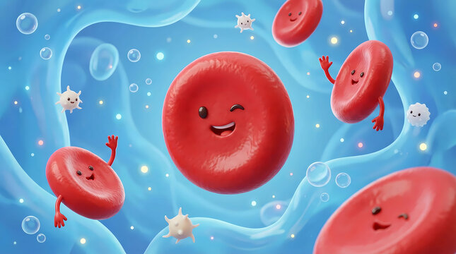 Red blood cells and white blood cells floating in blue plasma with bubbles