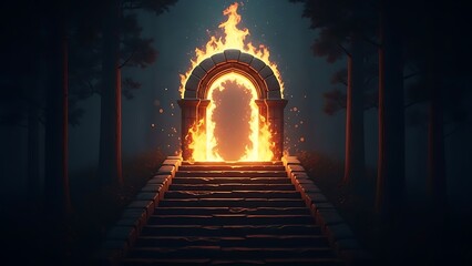 Portal of flames atop stone stairs set in a dark forest. A gateway to another world