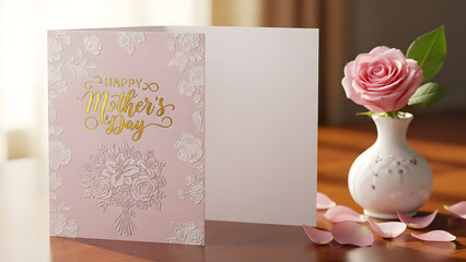 Elegant wedding invitation with a delicate pink rose in a porcelain vase