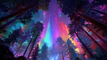 Vibrant forest canopy with colorful glowing sky abstract nature scene