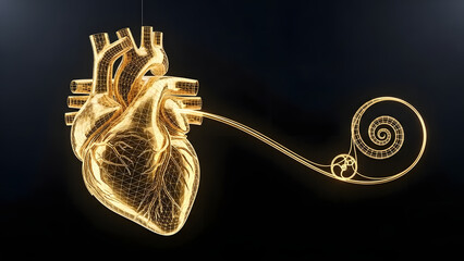 Wireframe golden heart with connection to spiral shaped ear on black background symbolizing sound and love connection