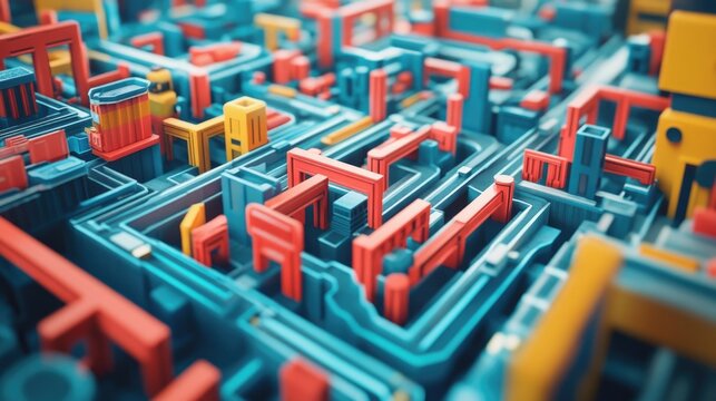 Risk Mitigation Maze, labyrinth with various obstacles symbolizing risks in the supply chain such as disruptions, delays, and shortages
