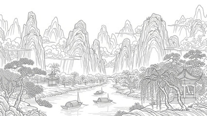 Fototapeta premium 中国装饰背景. 山水风景，静谧河流，青山环绕，舟行其间，展现自然之美的艺术表现。