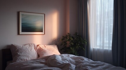 Bedroom with a large window on the right side. the window is covered with sheer white curtains. on the left side of the window, there is a framed photograph hanging on the wall.