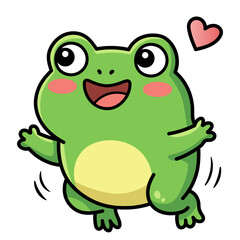 Obraz premium Happy cartoon green frog jumping with pink heart symbol, joyful kawaii toad character expressing love and positivity, cute animal illustration for greeting card and kids sticker design