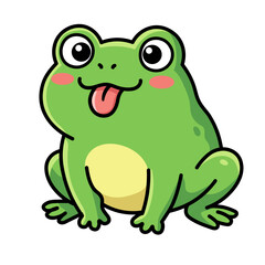 Fototapeta premium Cute cartoon green frog character sticking out pink tongue, funny kawaii toad mascot for kids sticker and emoji design, playful green amphibian isolated on white background for nursery decor