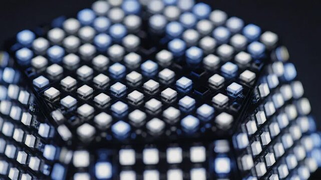 Closeup of a grid of small glowing white and blue LED lights arranged in a square pattern creating a futuristic and technological background.