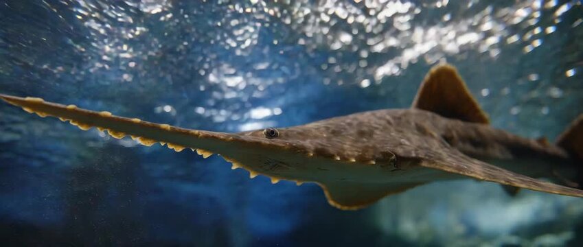 A graceful sawfish glides through crystal-clear waters, showcasing its unique features.