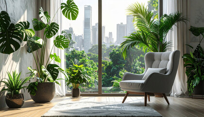Fototapeta premium Modern chair amongst lush indoor plants 564 