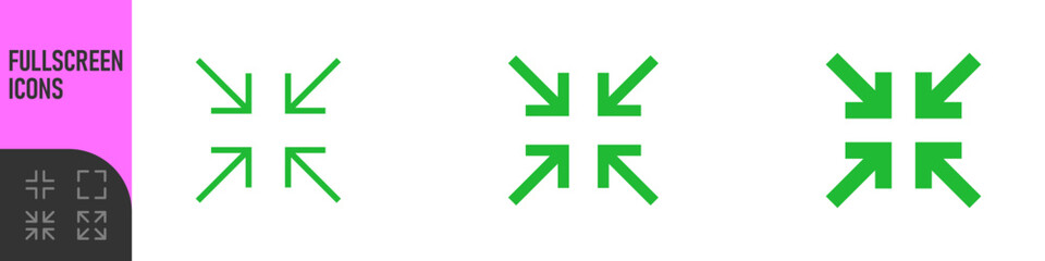Minimize icon rally compact size small scale arrows icons. Shrink icon resize in arrows. Outline editable stroke, color icon set © Nort Kor