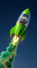 Obraz premium A green rocket with a sloth pilot wearing goggle, flying through space, symbolizing ambition, progress, innovation, adventure, and a touch of whimsy
