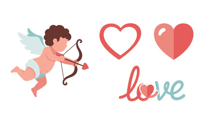 Obraz premium Cupid with bow hearts and the word love a valentine's day illustration