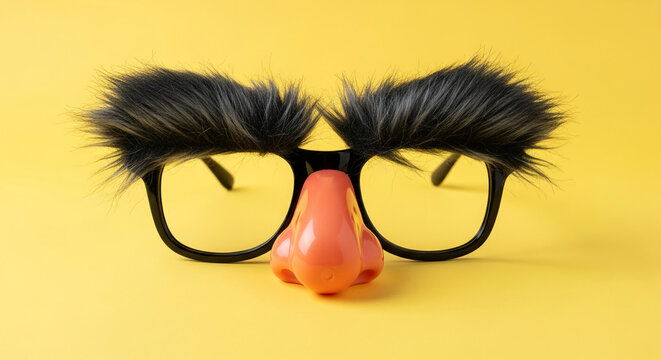 Close-up of disguise glasses with bushy eyebrow and a plastic nose, creating a humorous appearance and representing joke, prank or funny accessory