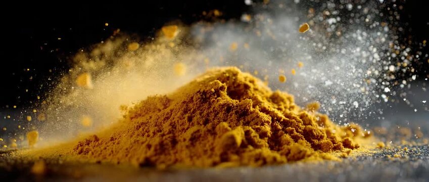 A mound of turmeric powder is seen, creating an artistic food display.