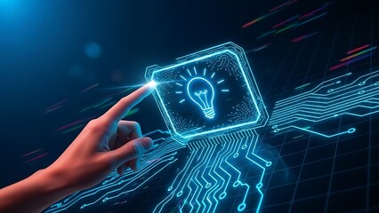 Hand touching glowing blue light bulb on circuit board background finger neon lines