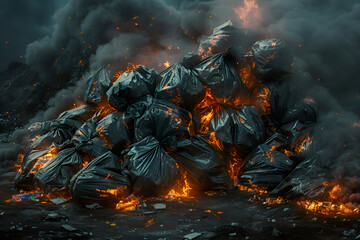 Environmental crisis: burning trash bags with glowing embers amidst smoke for pollution awareness design