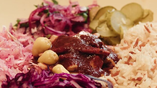 Gyros Plate with Rice and Salad isolated on white Background, turkish traditional rice with vegetables.
