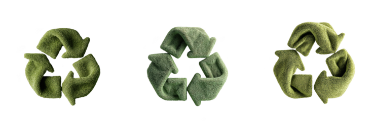 a green recycle symbol illustration showing three stages of transformation on transparent background