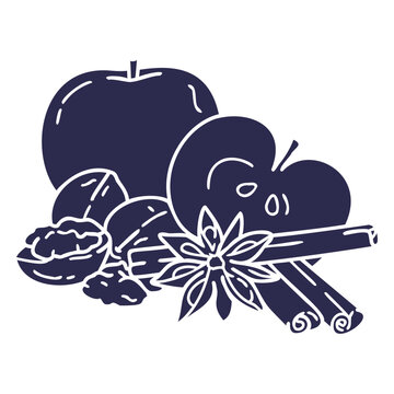 Cut out apples, nuts and cinnamon