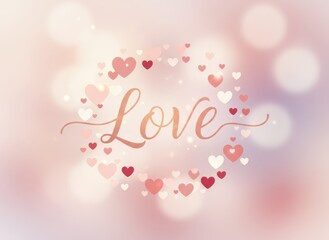 Artistic "Love" calligraphy encircled by a delicate wreath of floating pink and red hearts.