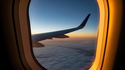 View from an airplane window showcasing the wing and a cloudscape during golden hour